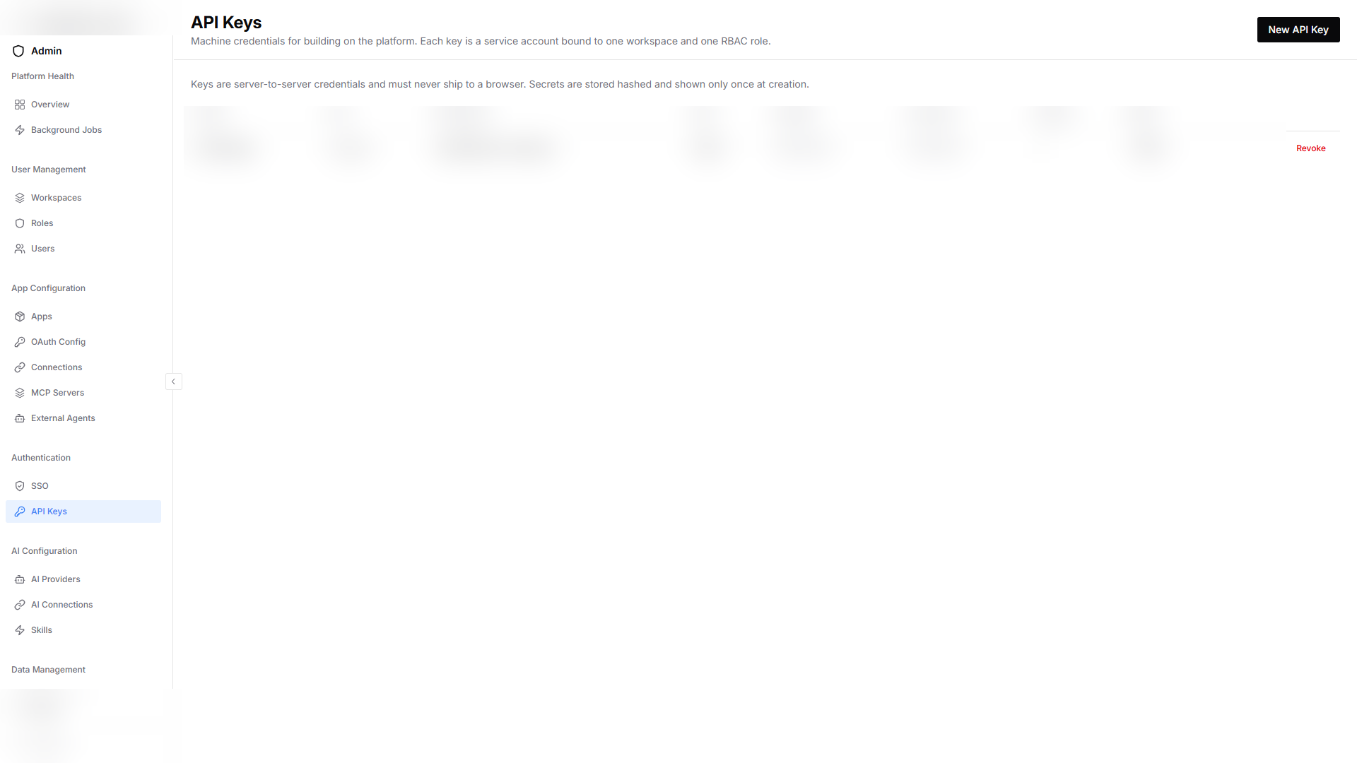 Adminspace API Keys page