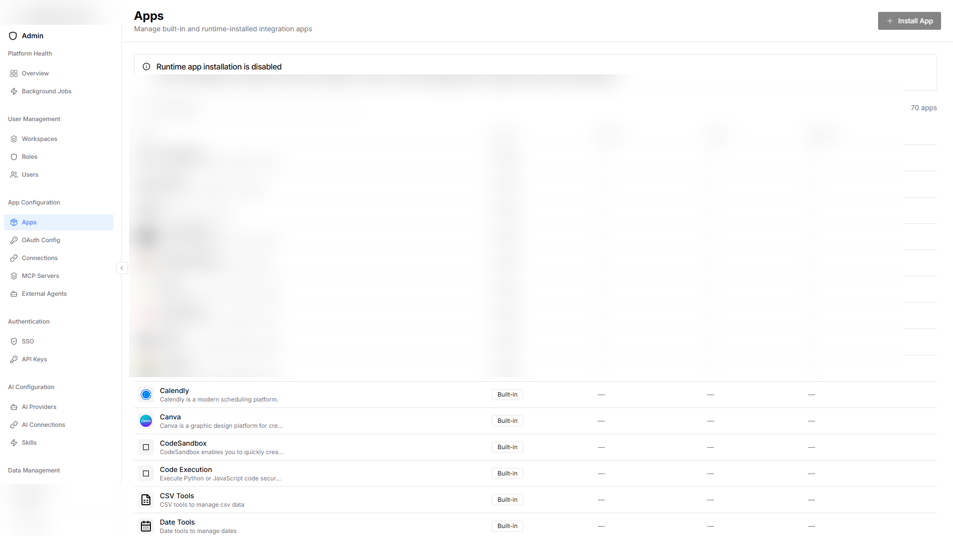 Adminspace App Configuration pages
