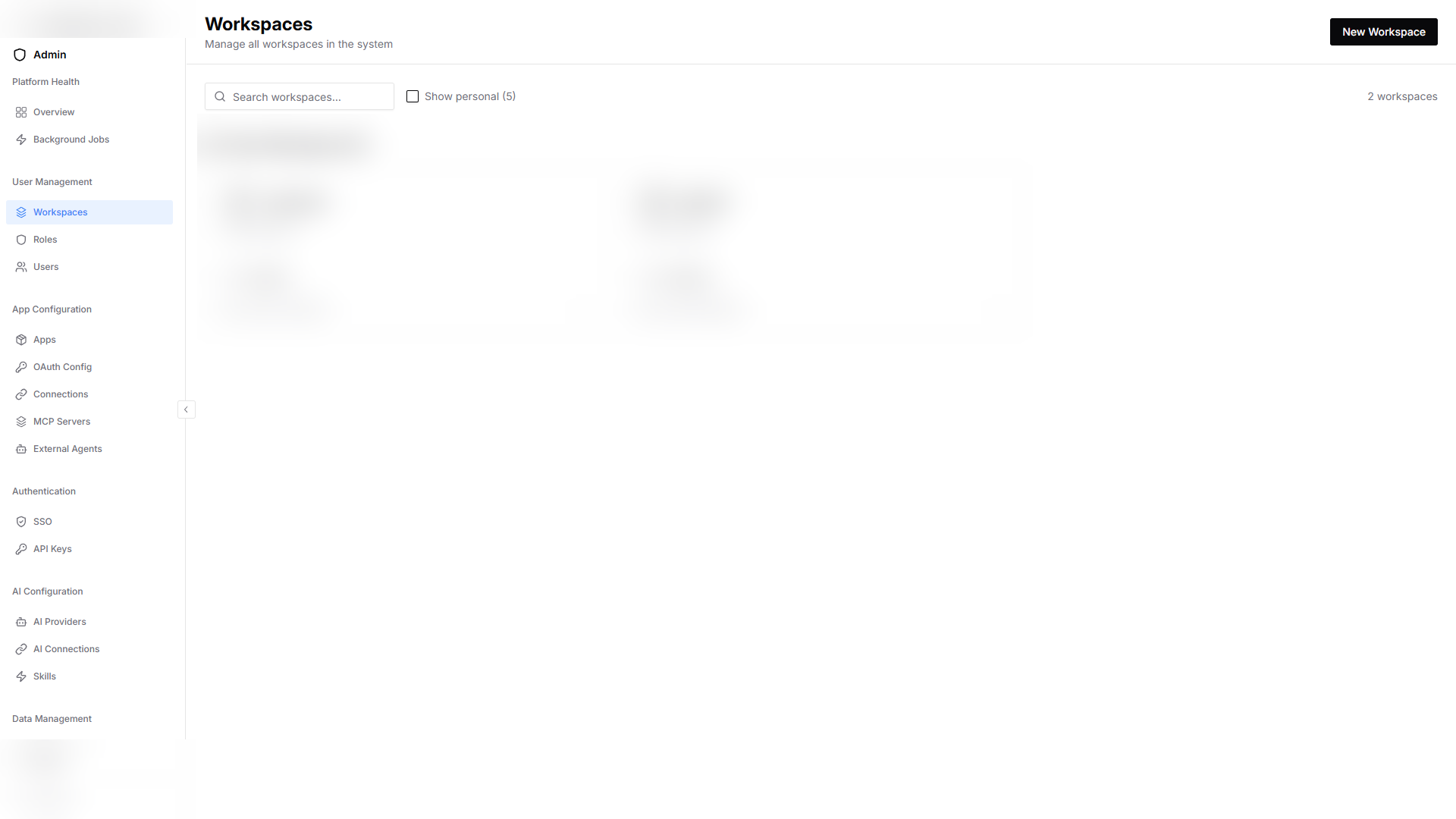 Adminspace Workspaces page