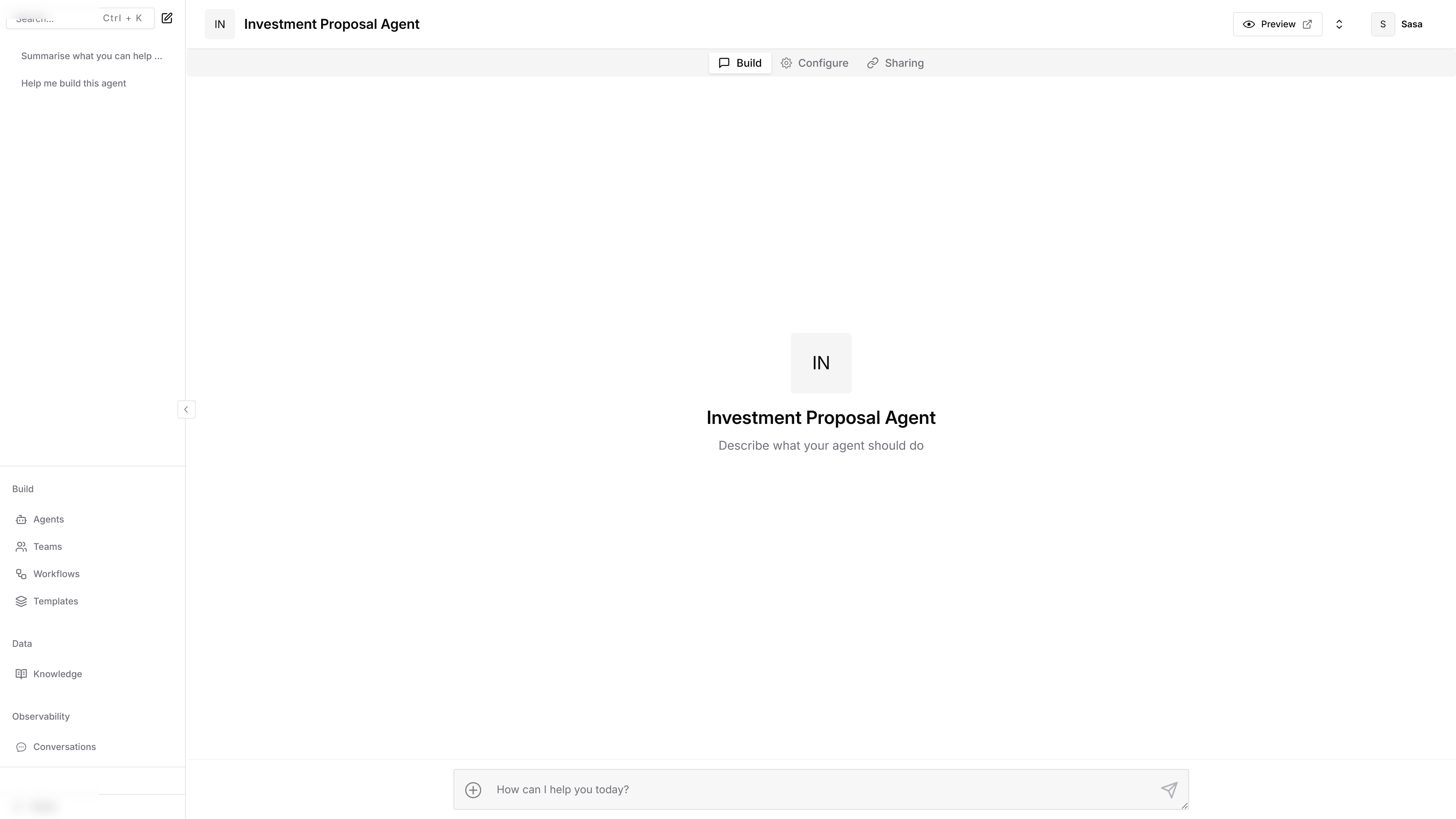 Agent Build tab with a chat input