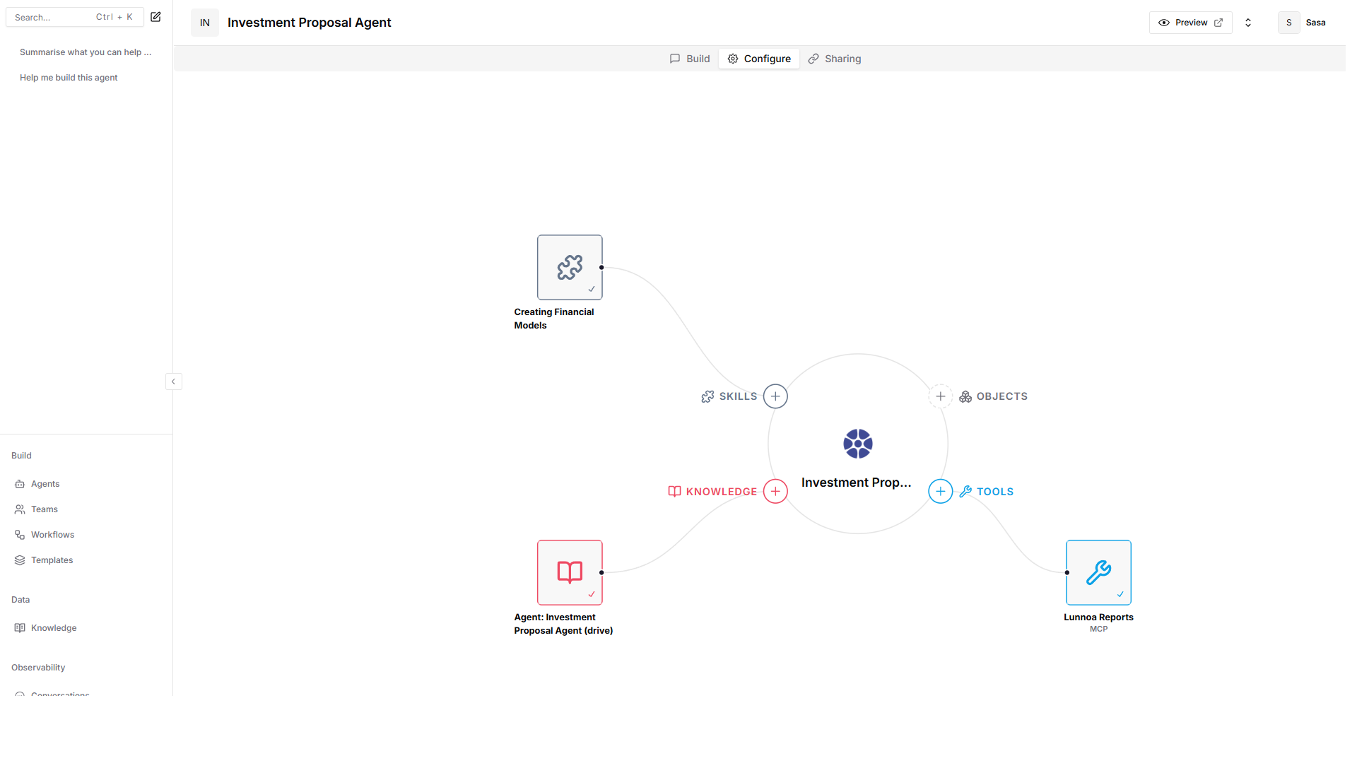 Agent Configure page with Core, Objects, Tools, Knowledge, and Skills areas