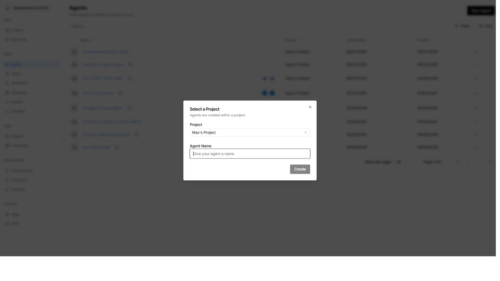 Select a Project dialog for creating a new agent
