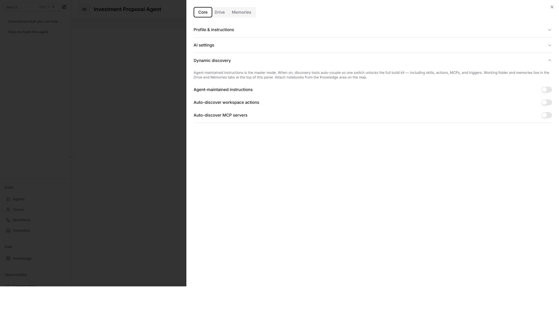 Dynamic discovery panel with agent-maintained instructions and auto-discovery switches