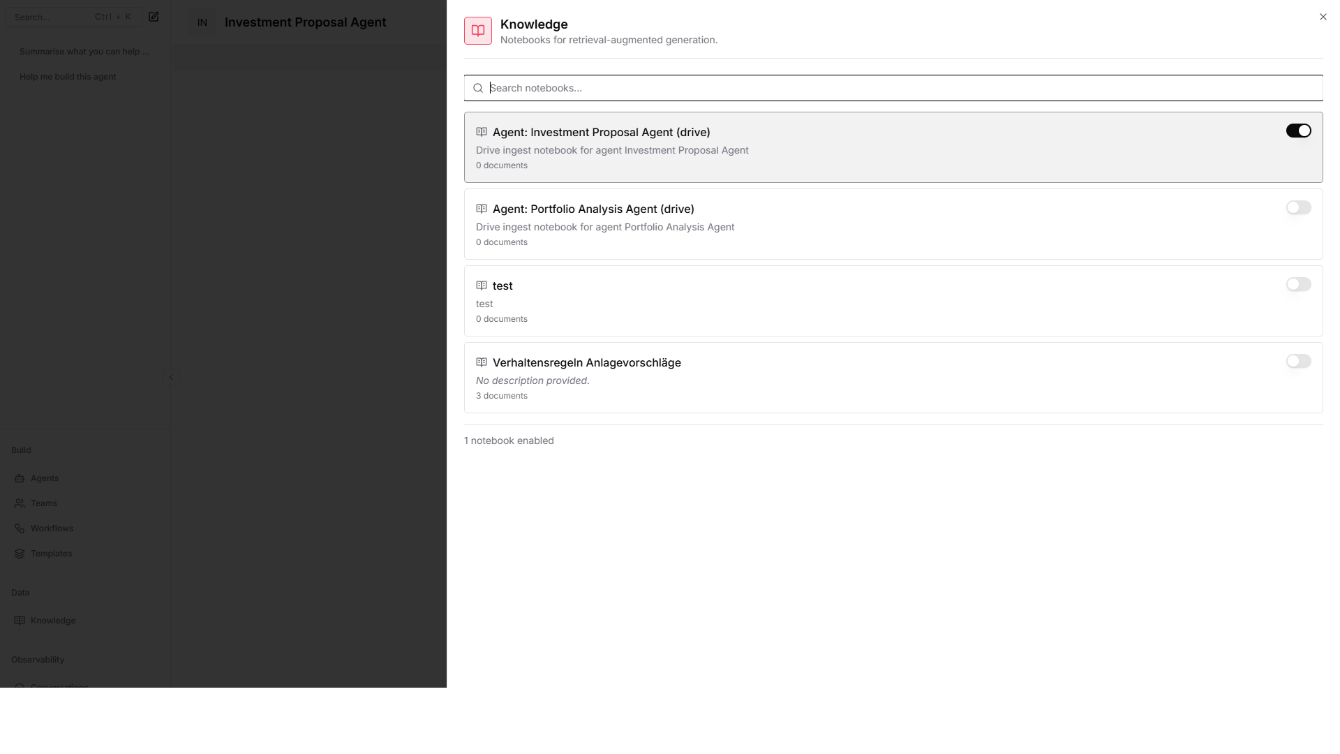 Agent Knowledge panel with notebook search and enable switches