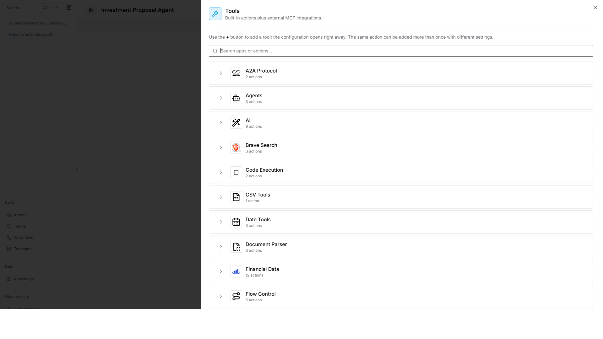 Agent Tools panel showing available app actions and MCP integrations