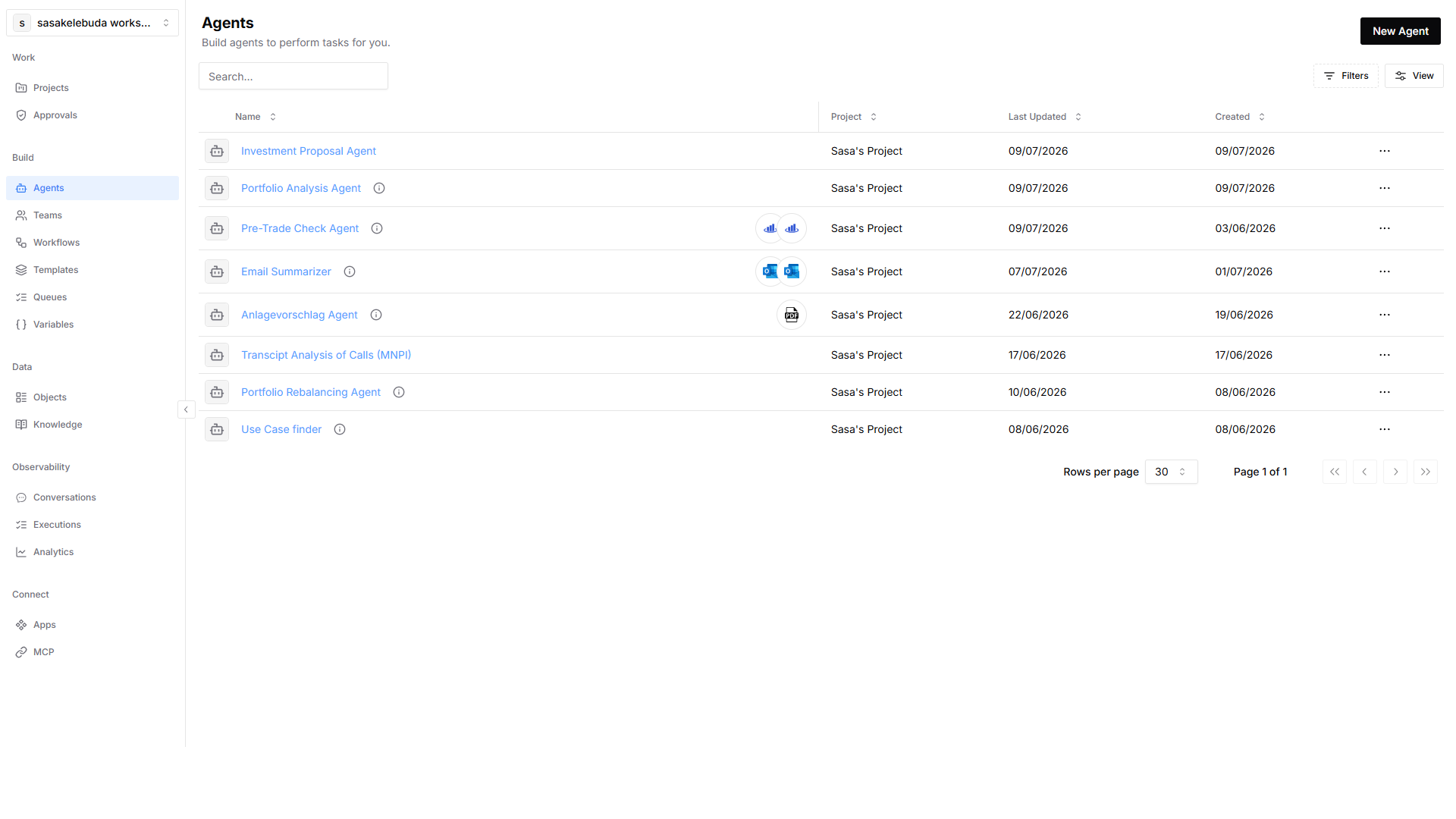 Agents page with New Agent button