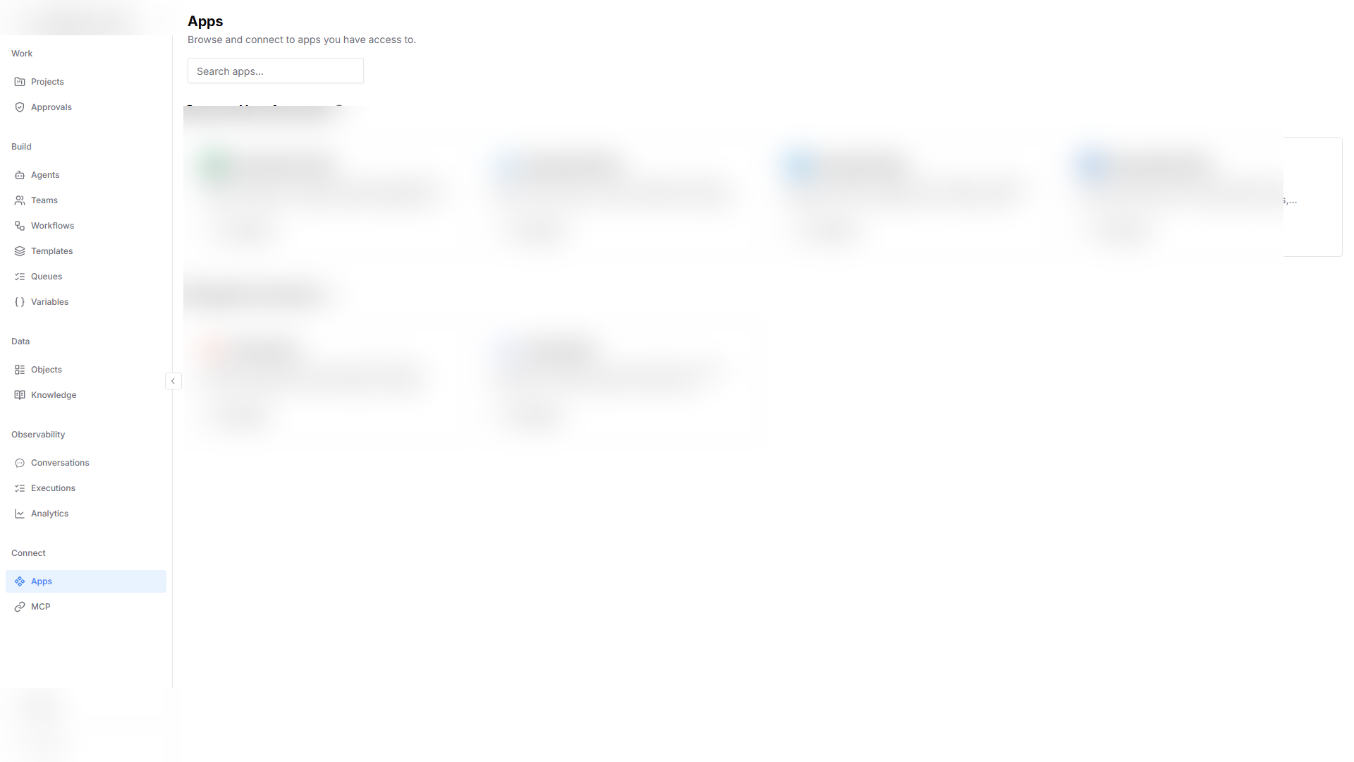 Apps page with search and Connect Your Accounts section