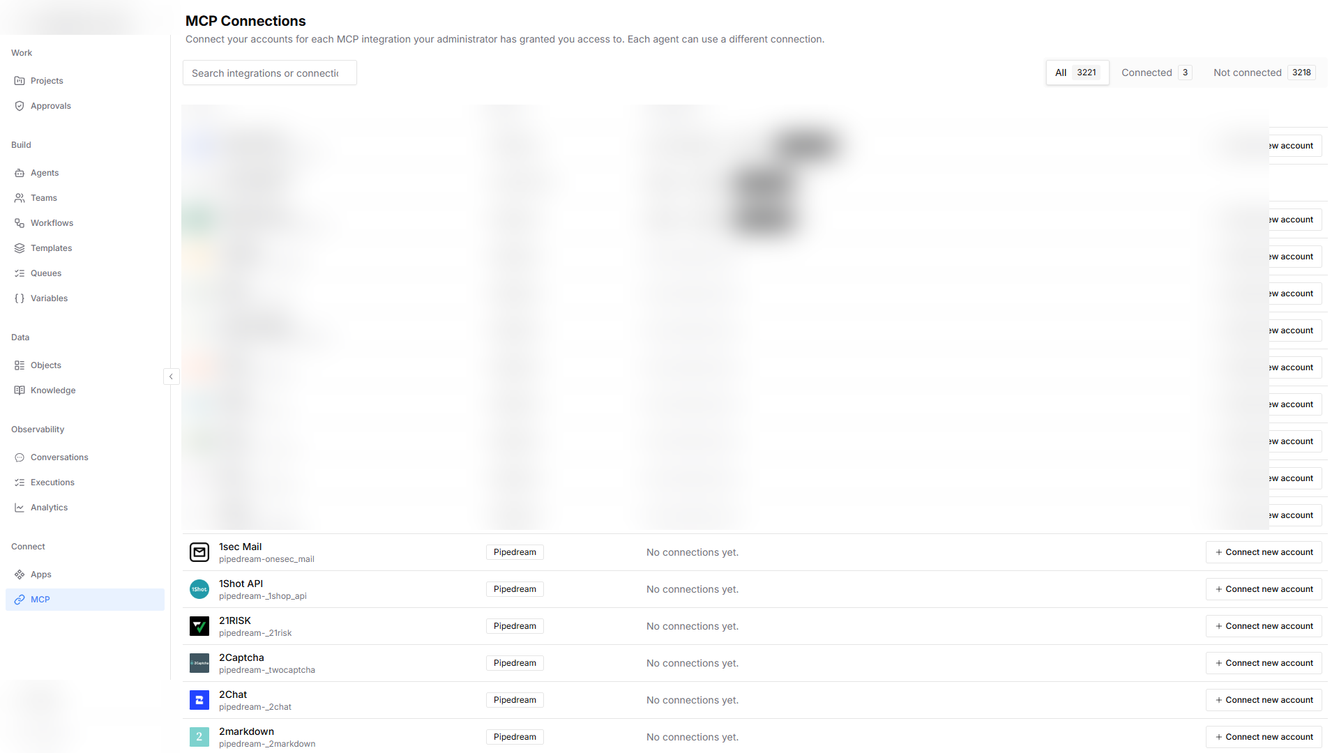 MCP Connections page with connected and not connected filters