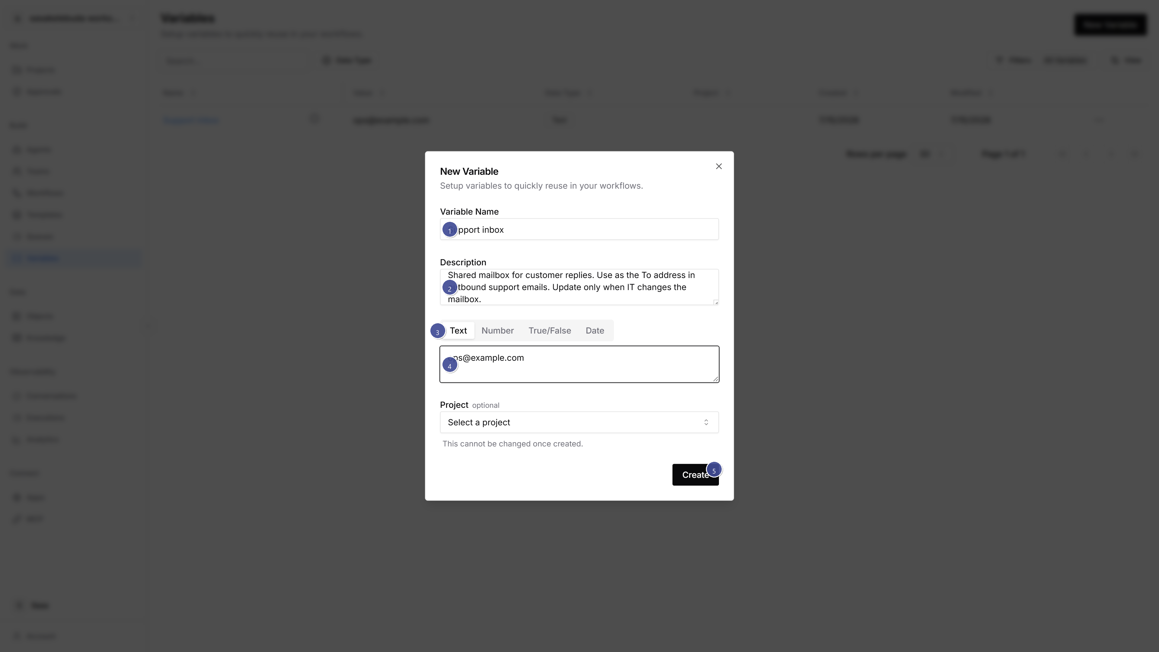New Variable dialog with numbered callouts for name, description, type, value, and Create
