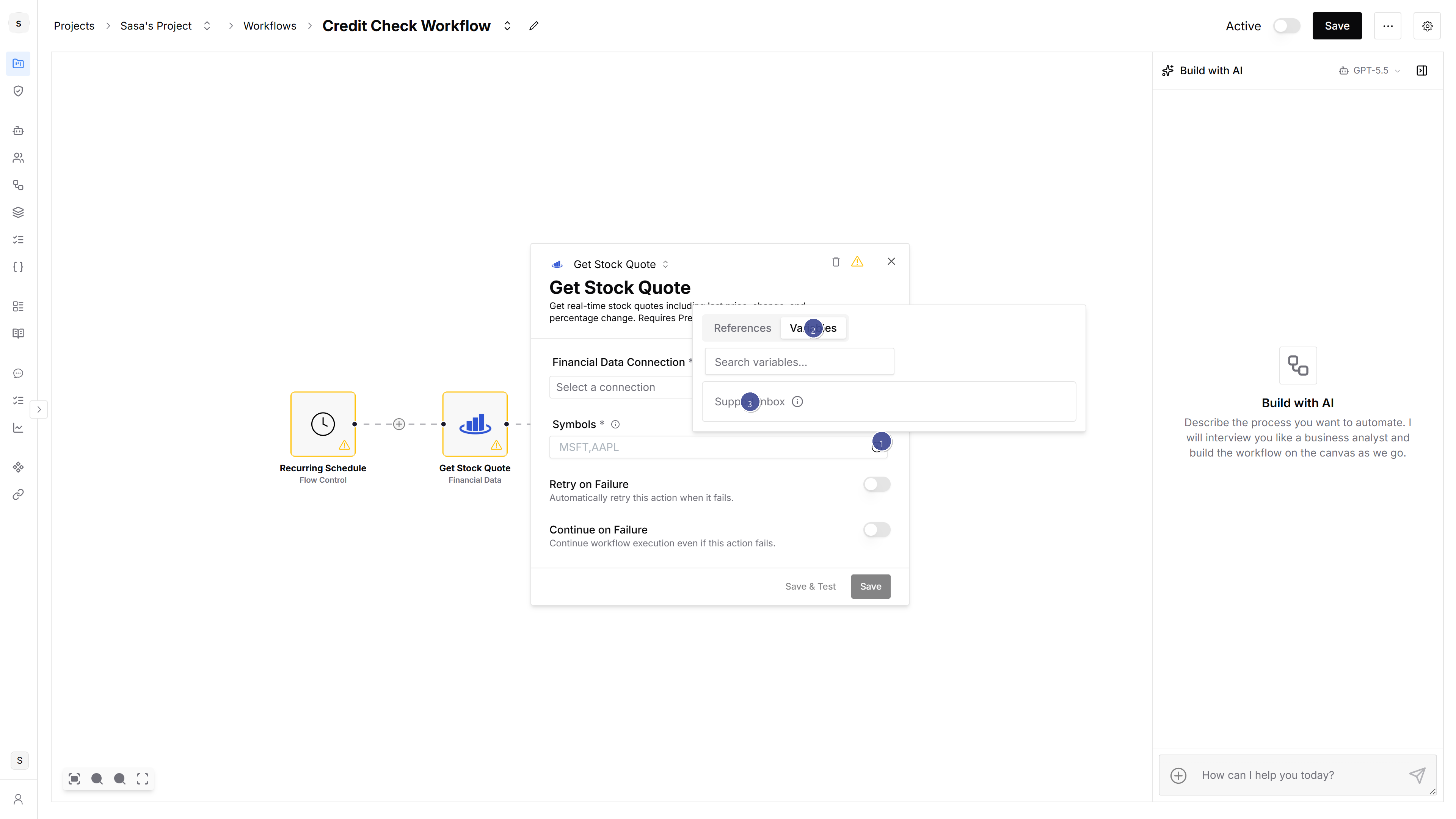 Workflow field picker open on the Variables tab, listing Support inbox