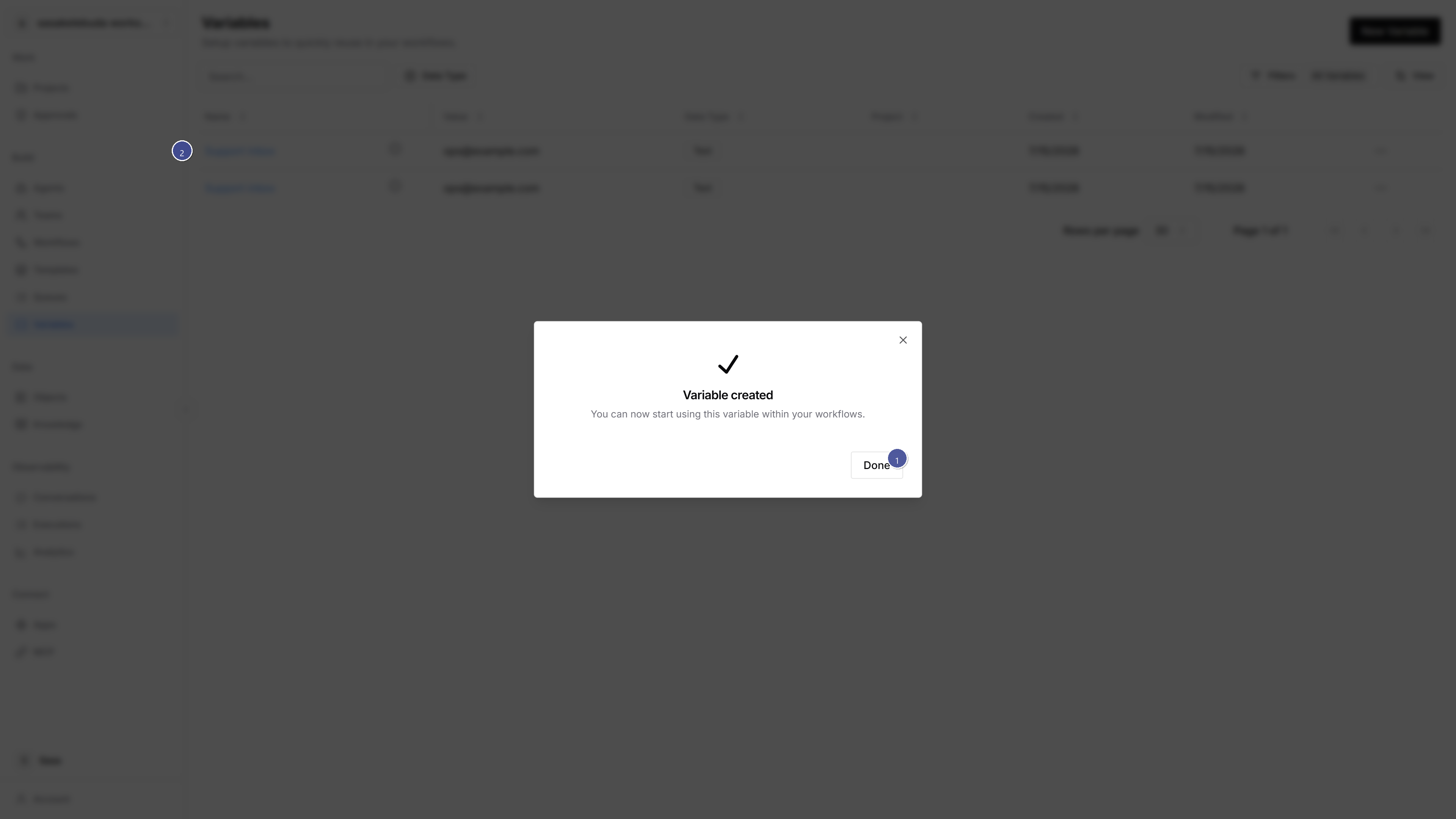 Variable created dialog with callouts for Done and the new row in the variables table