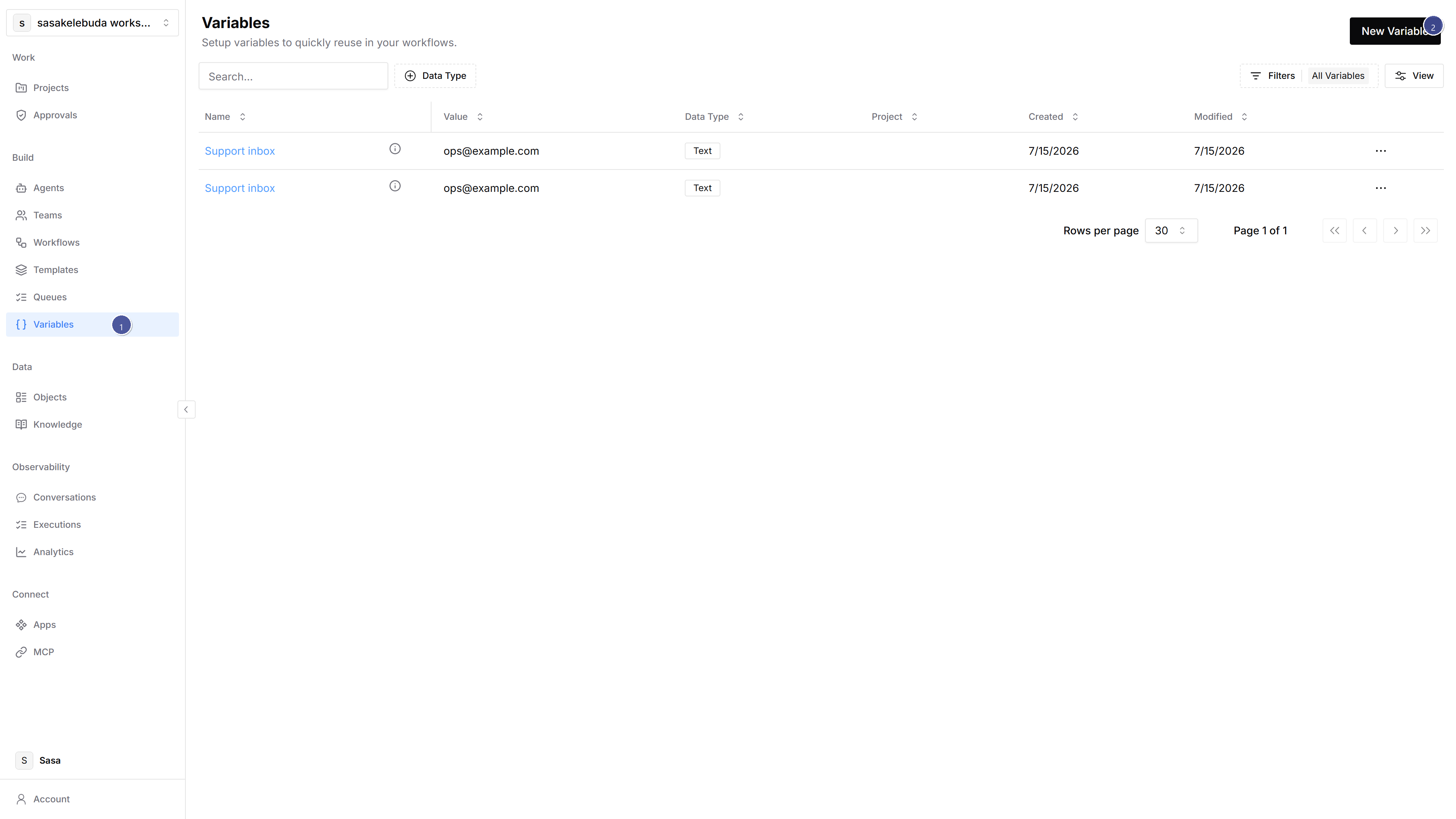 Variables page with callouts: 1 Open Variables in the sidebar, 2 New Variable top right