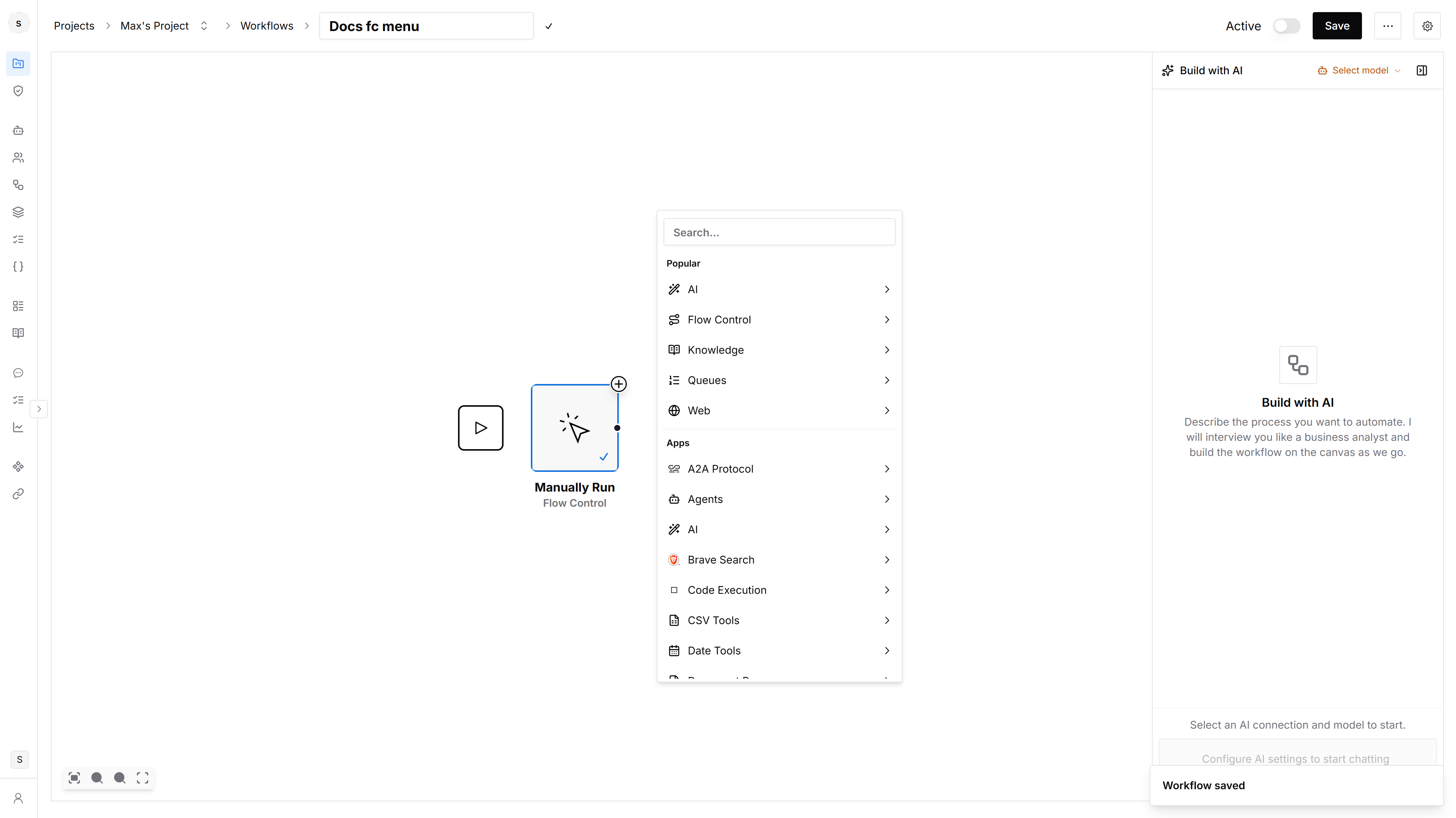 Action picker showing Popular apps including Flow Control