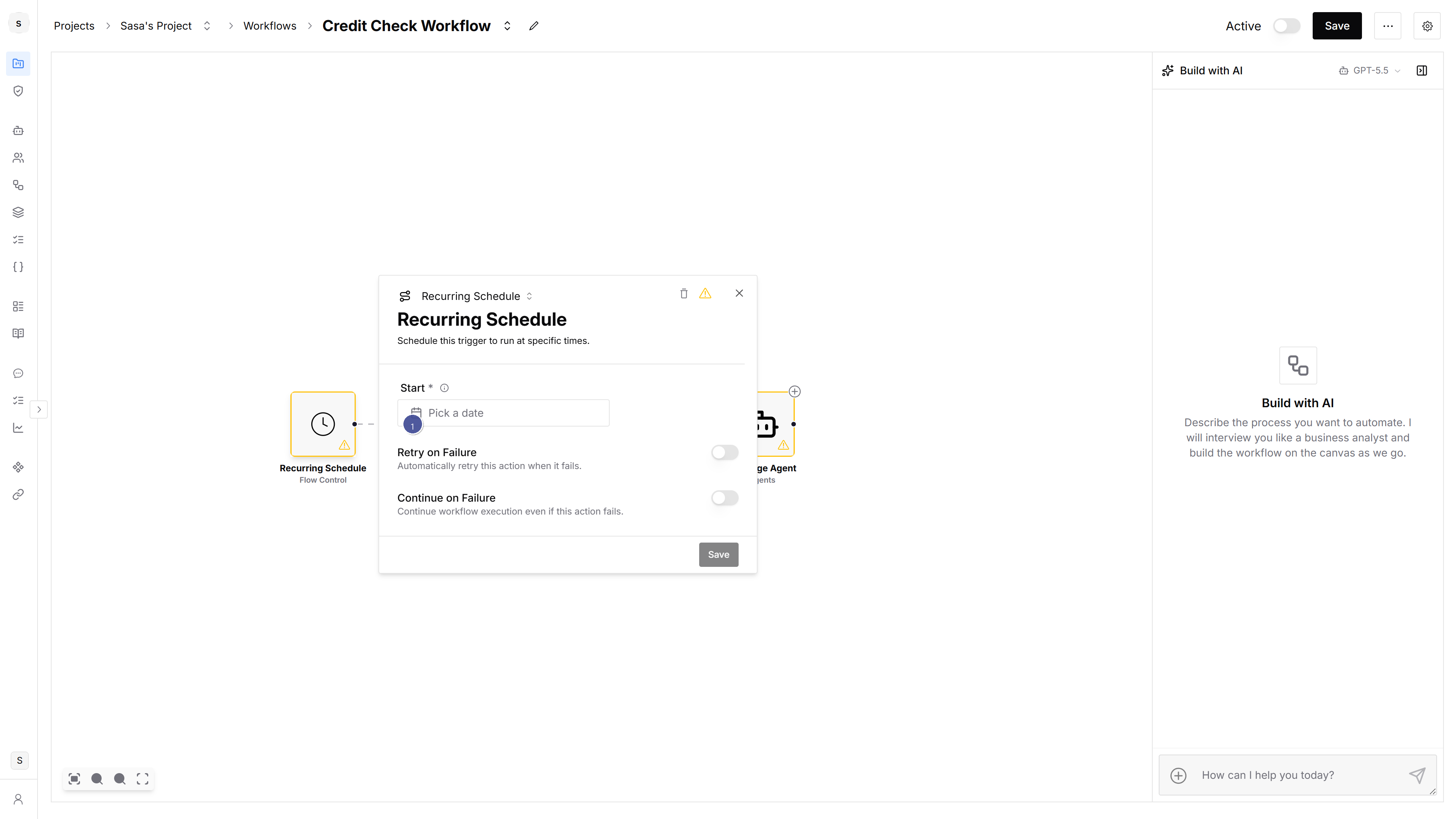 Action picker open after clicking plus on the canvas