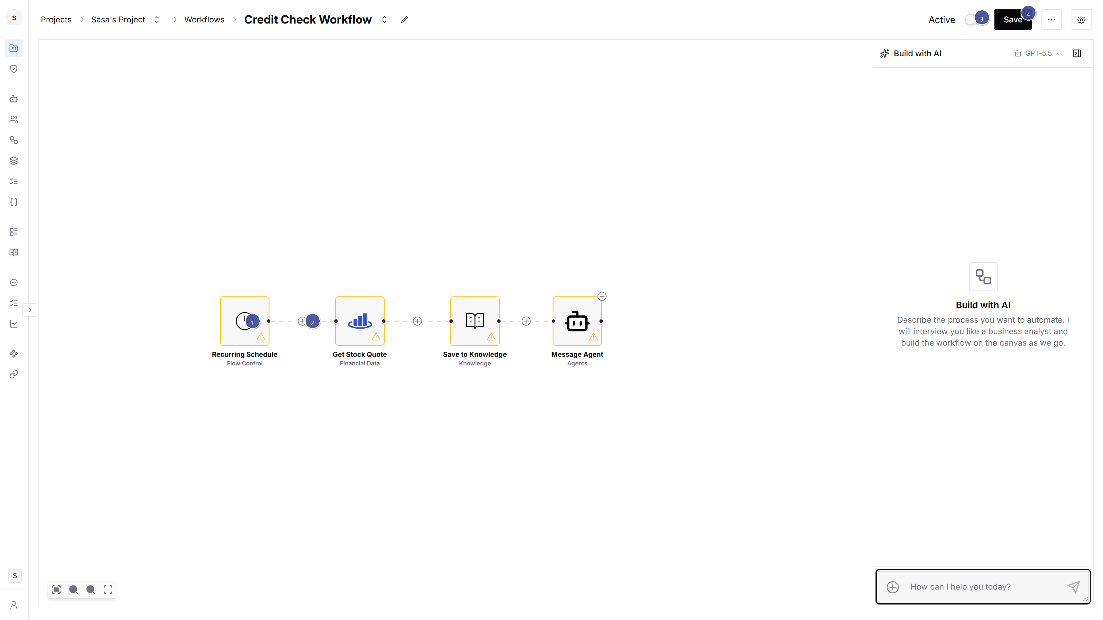 Workflow canvas with several connected steps and header Active and Save