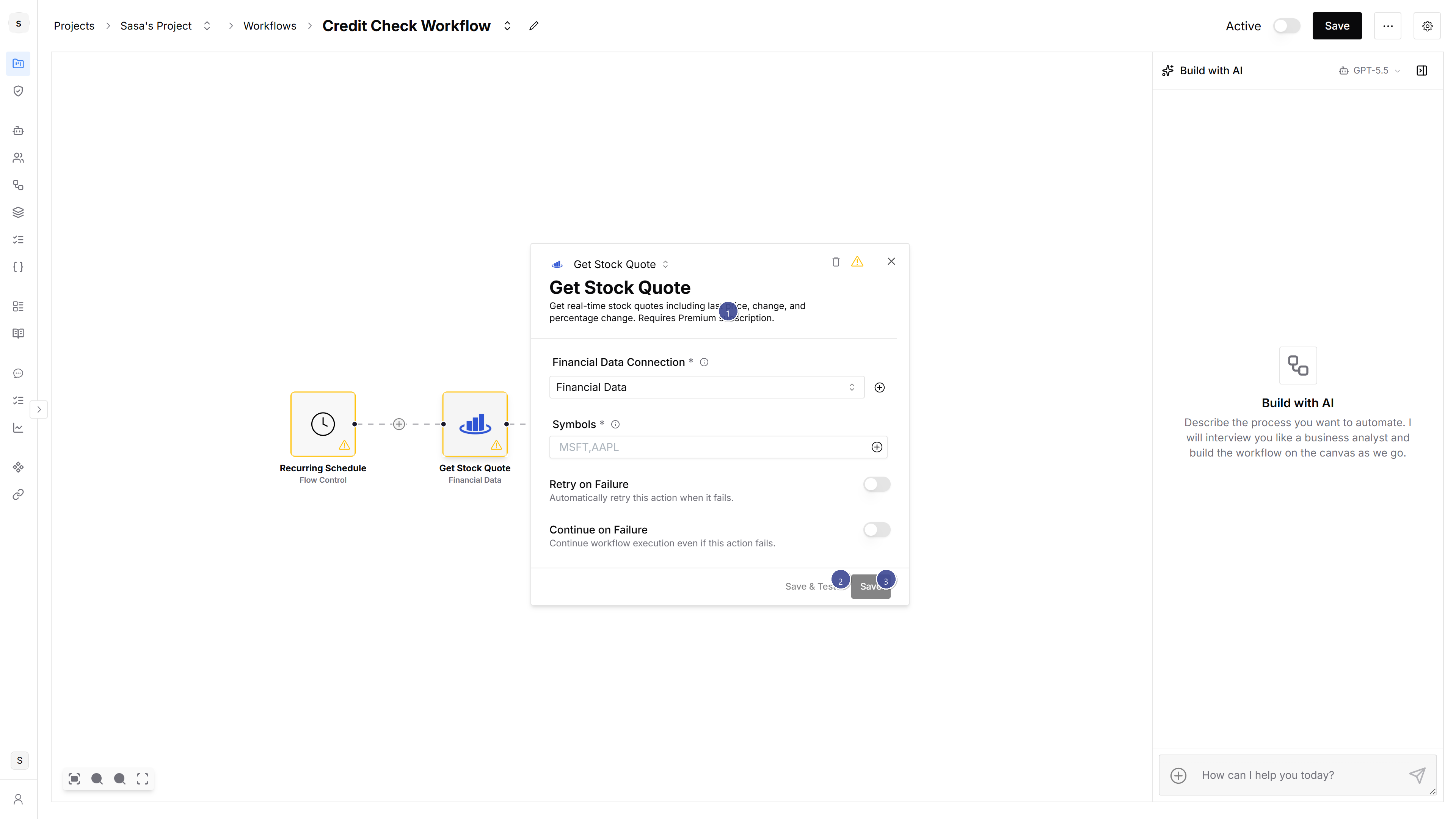 Get Stock Quote node configuration with Save and Save and Test