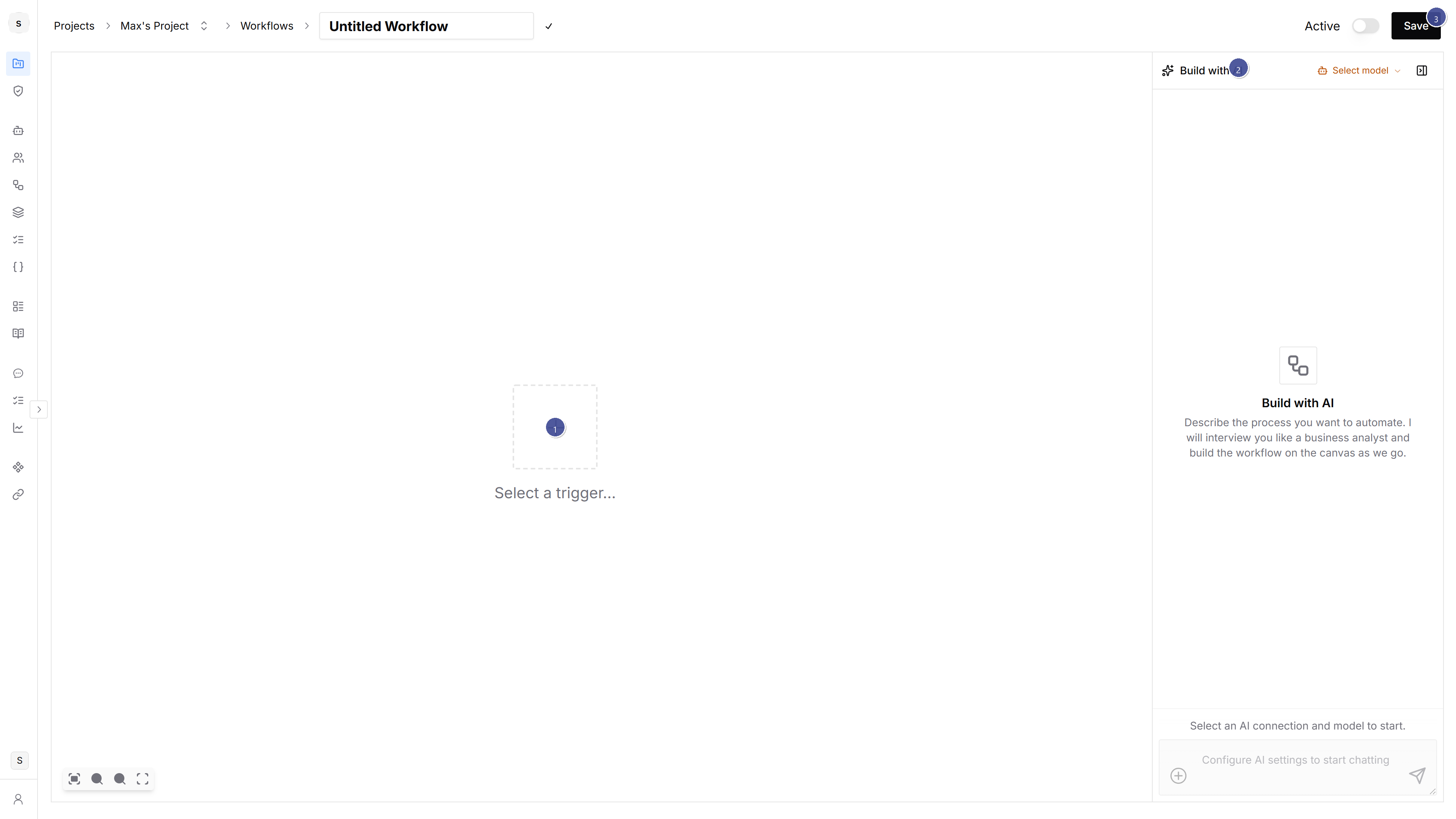 Empty workflow canvas with trigger placeholder and Build with AI panel