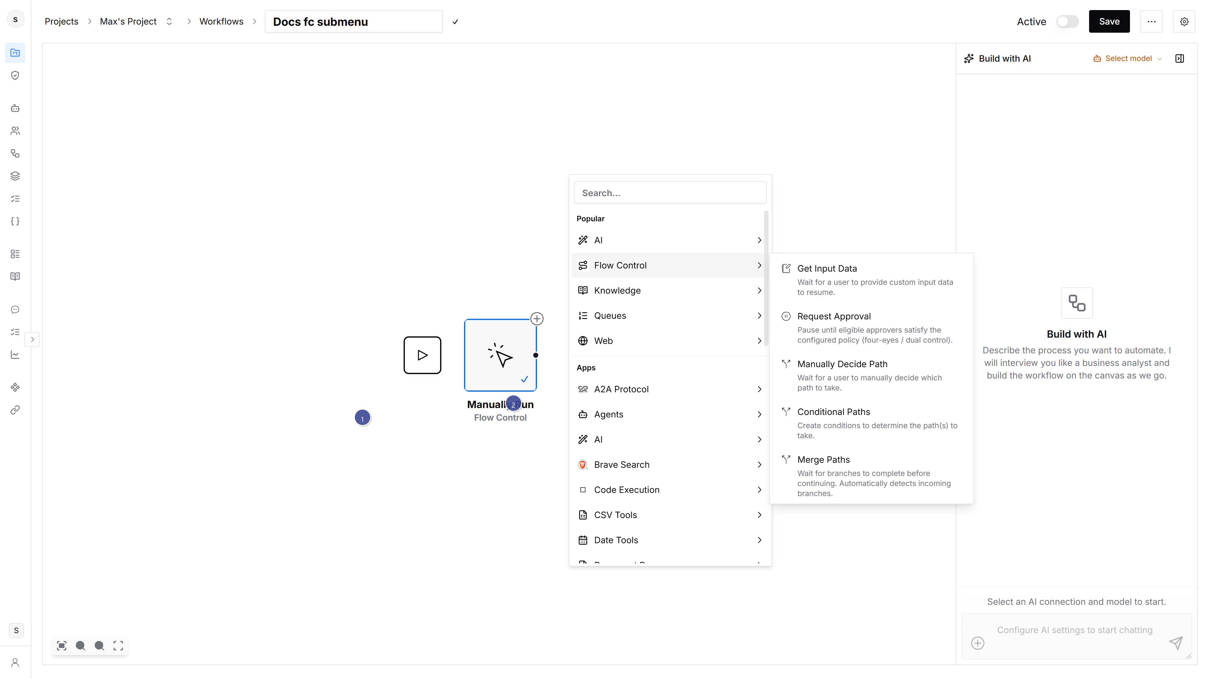 Flow Control submenu listing built-in actions such as Request Approval and Conditional Paths