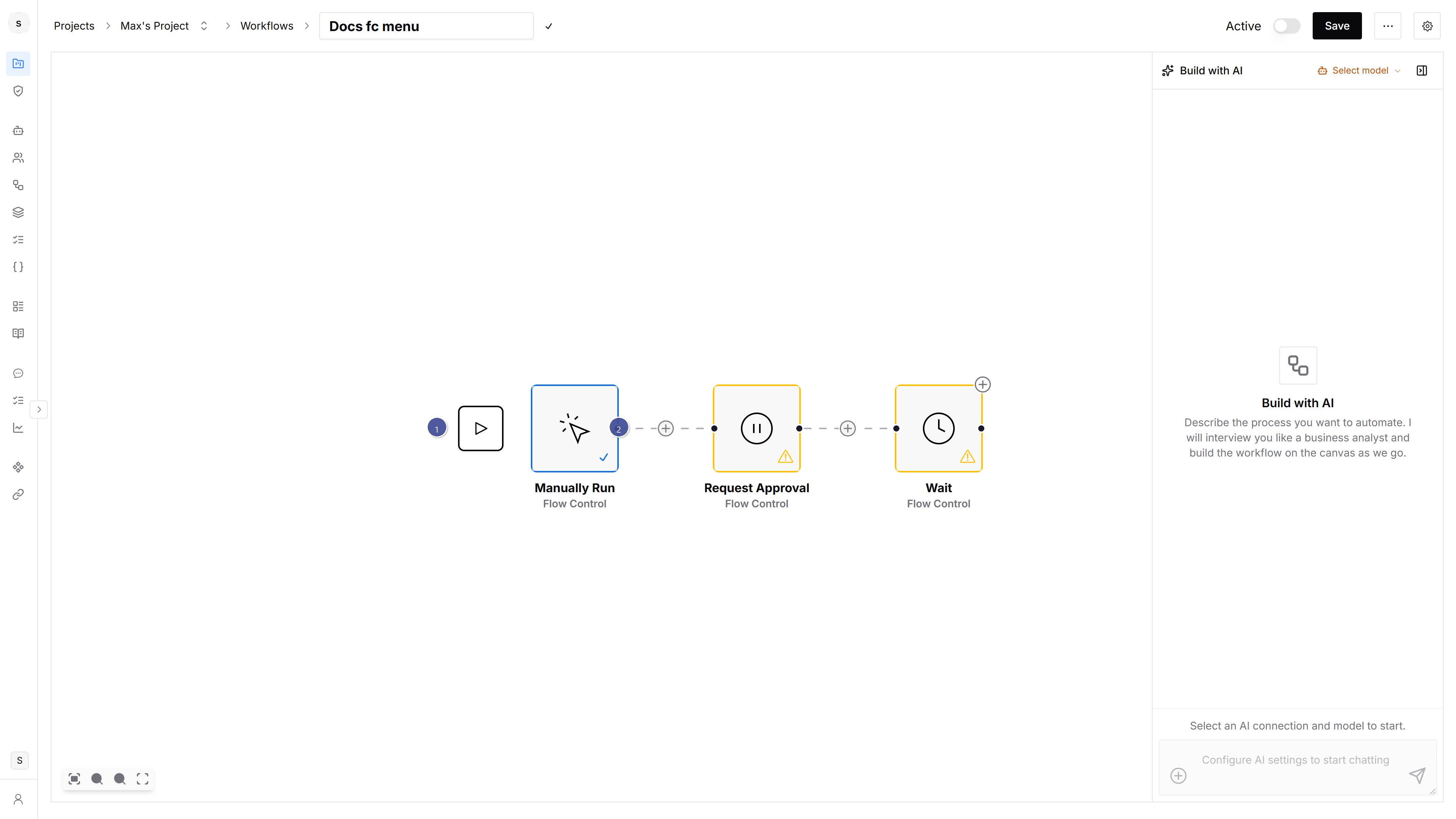 Canvas with Manually Run, Request Approval, and Wait connected in a row