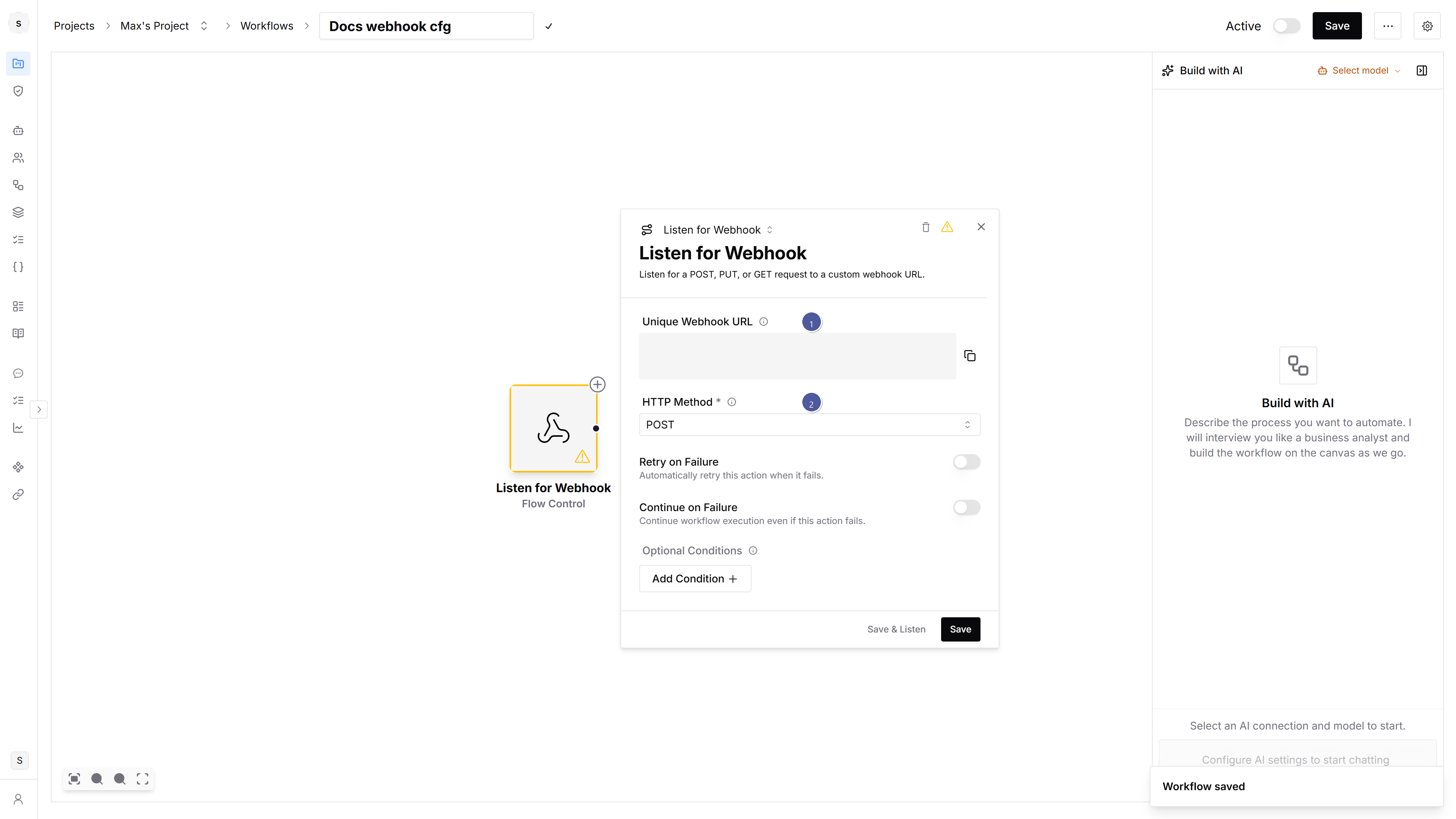 Listen for Webhook configuration with URL and HTTP method