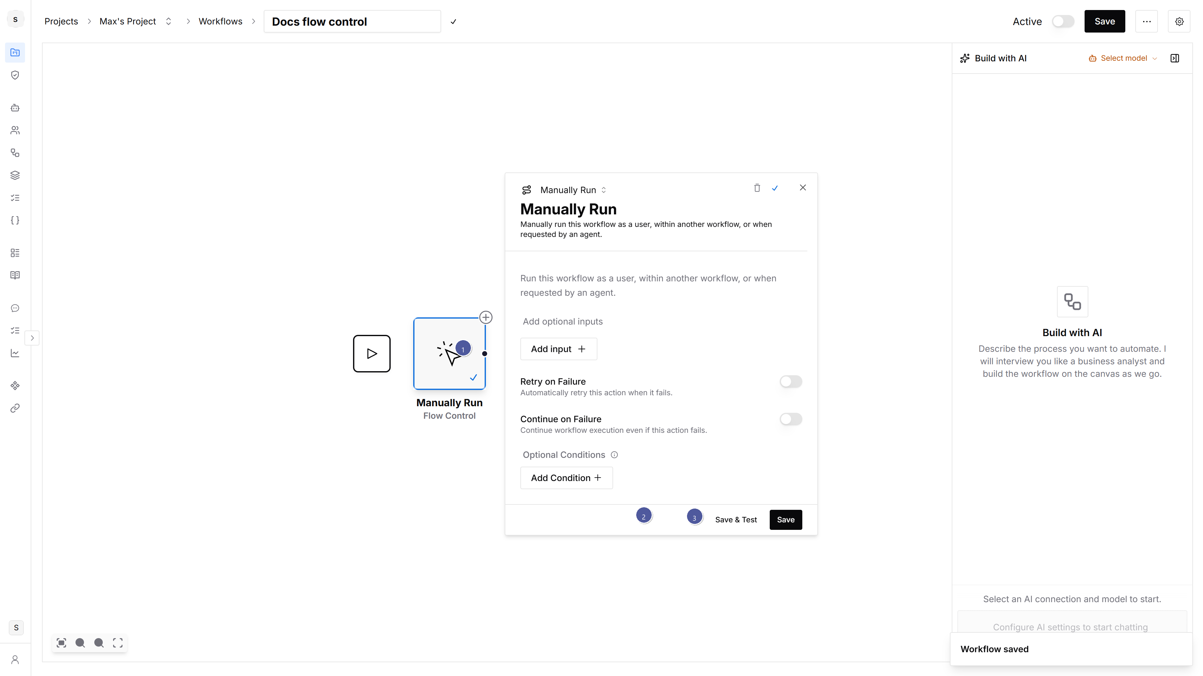 Manually Run trigger configuration with optional inputs and Save