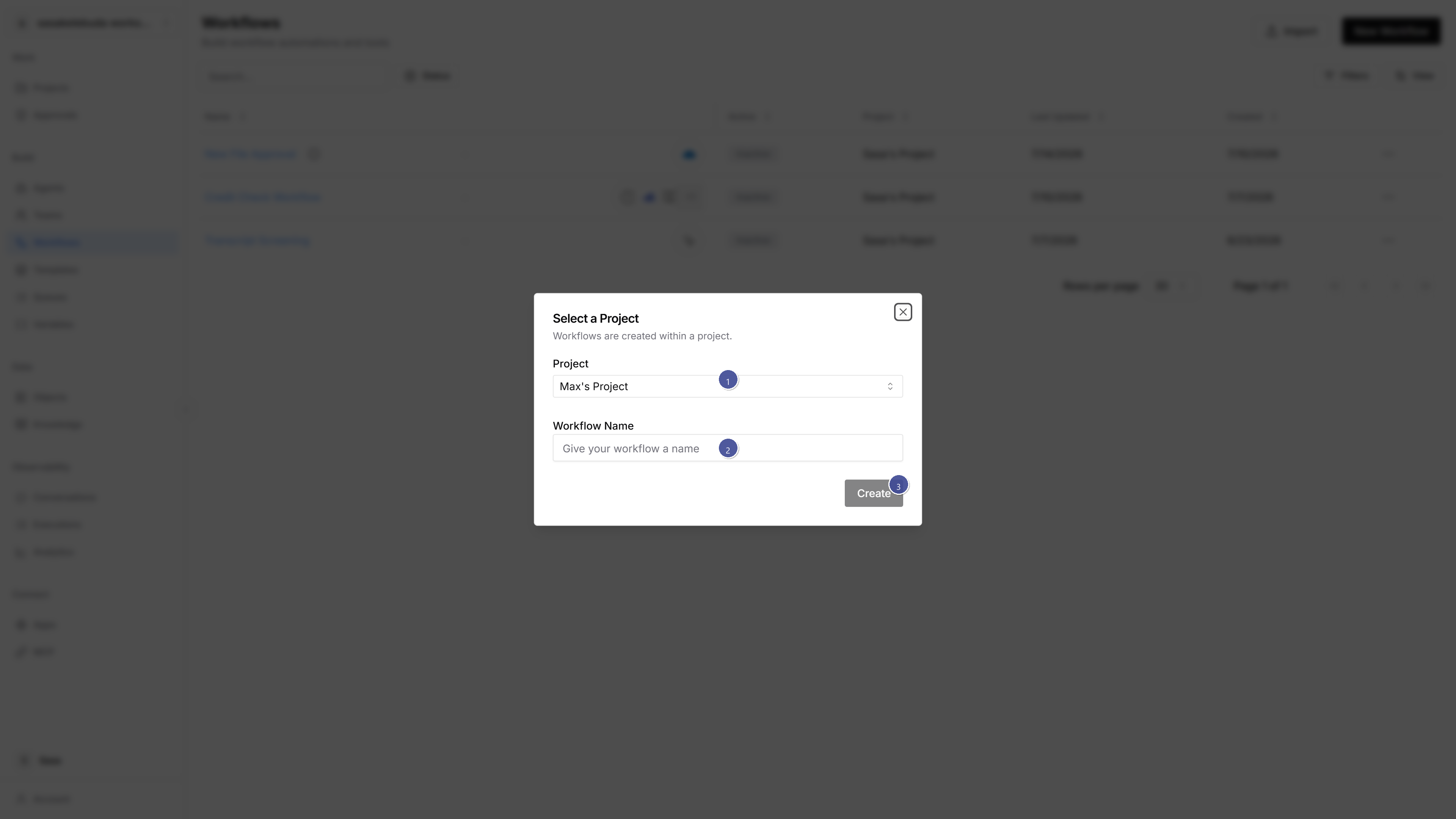 Select a Project dialog with project, name, and Create