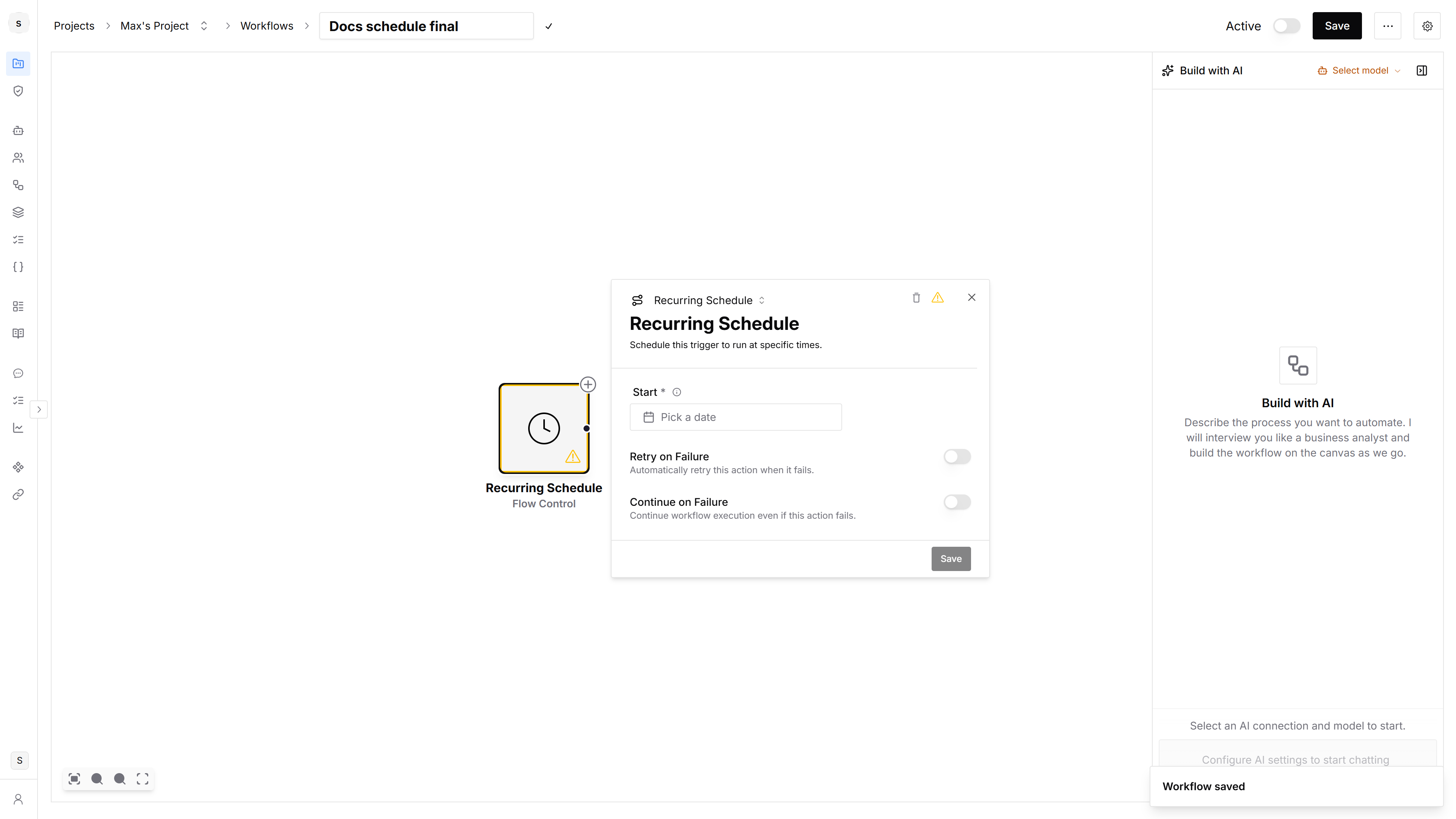 Recurring Schedule trigger configuration with Start field
