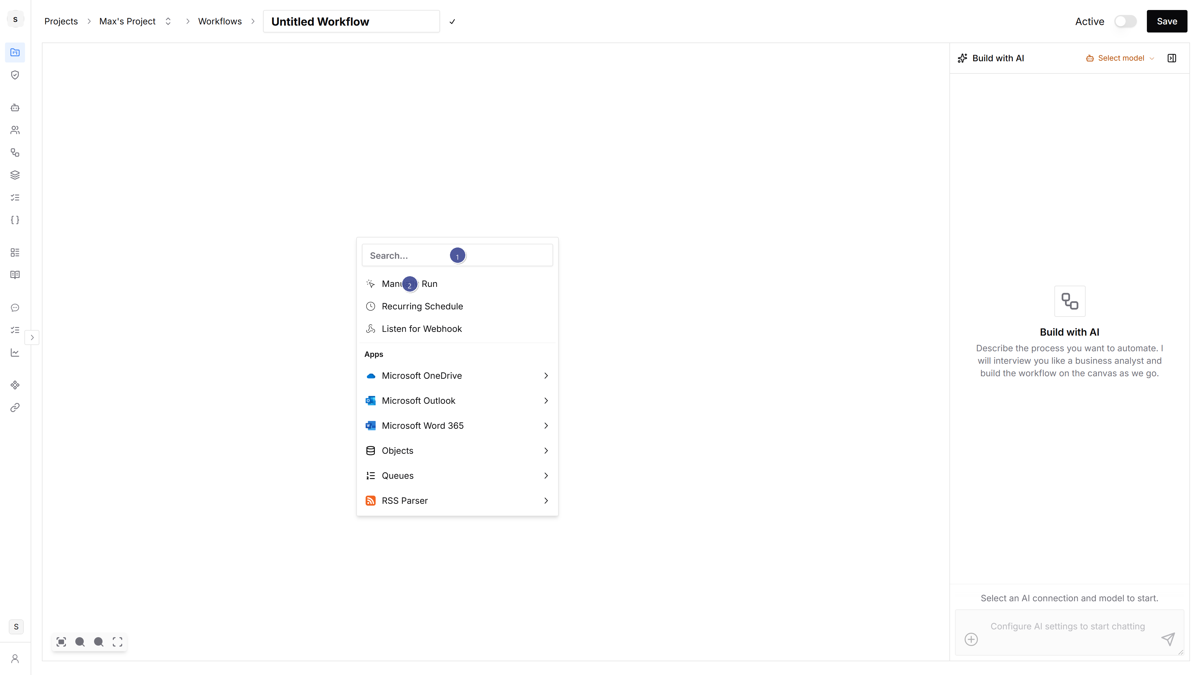 Trigger picker open with Search and Manually Run