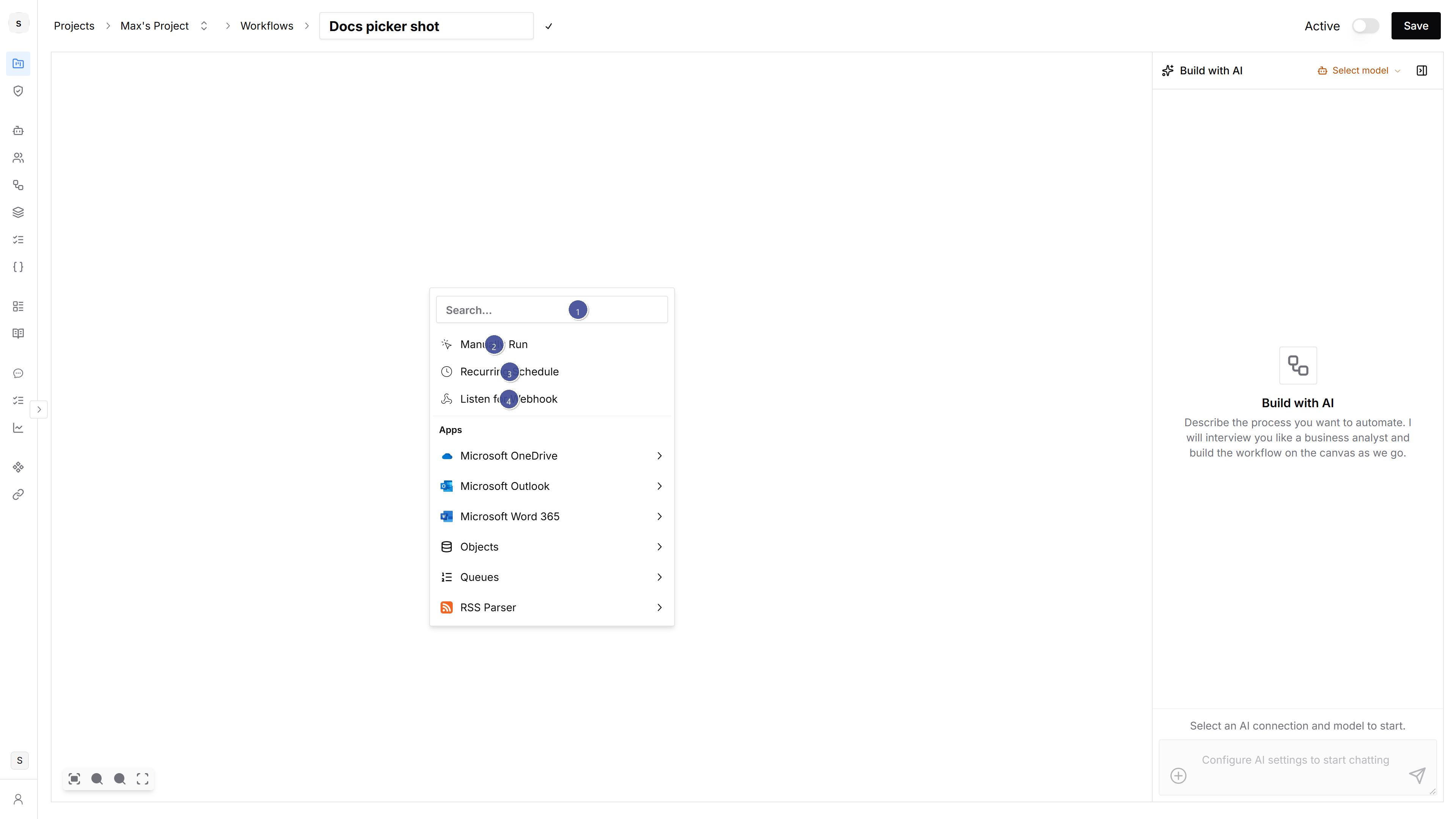 Trigger picker open showing Manually Run, Recurring Schedule, and Listen for Webhook