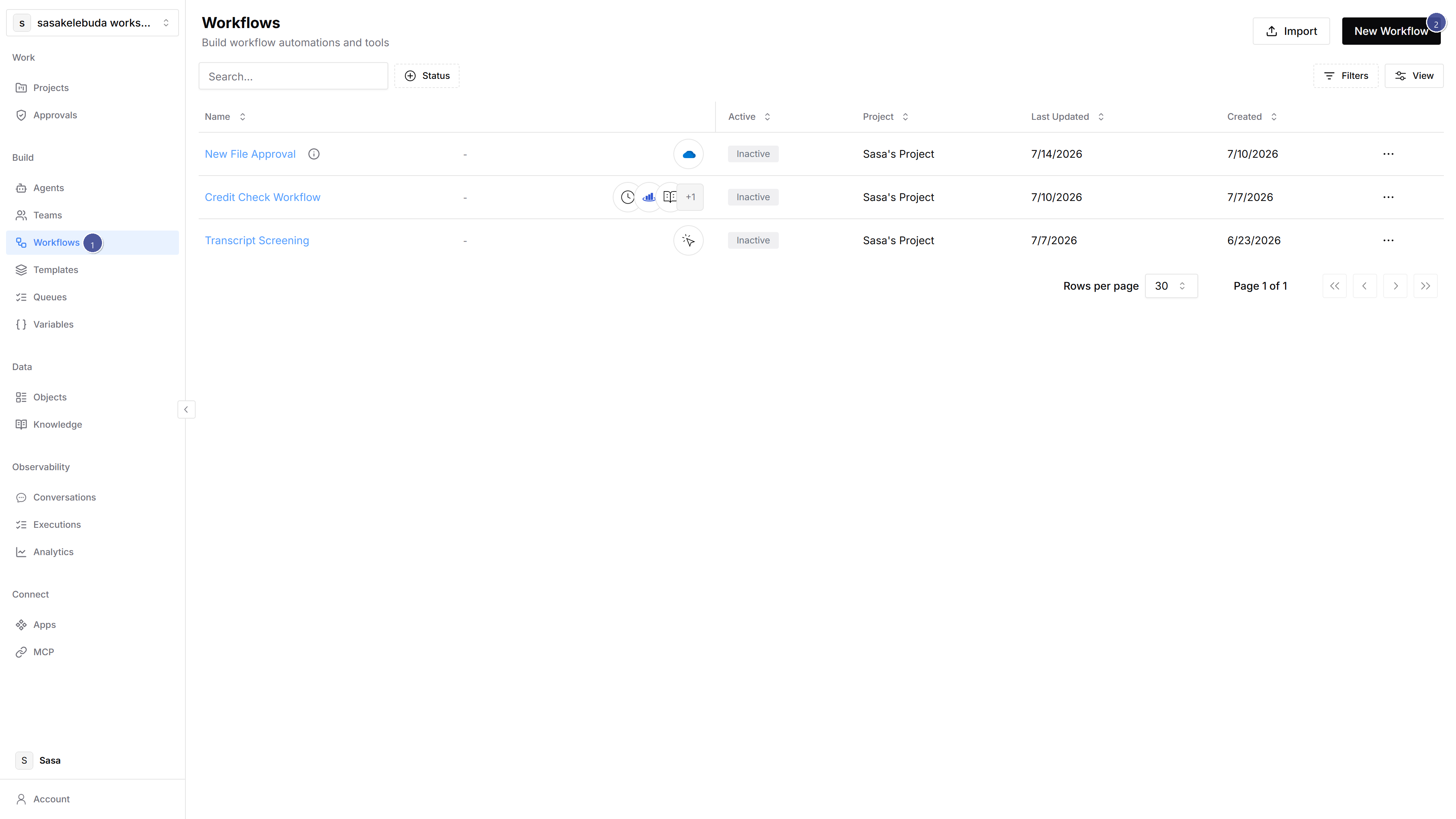 Workflows list with callouts for Workflows in the sidebar and New Workflow